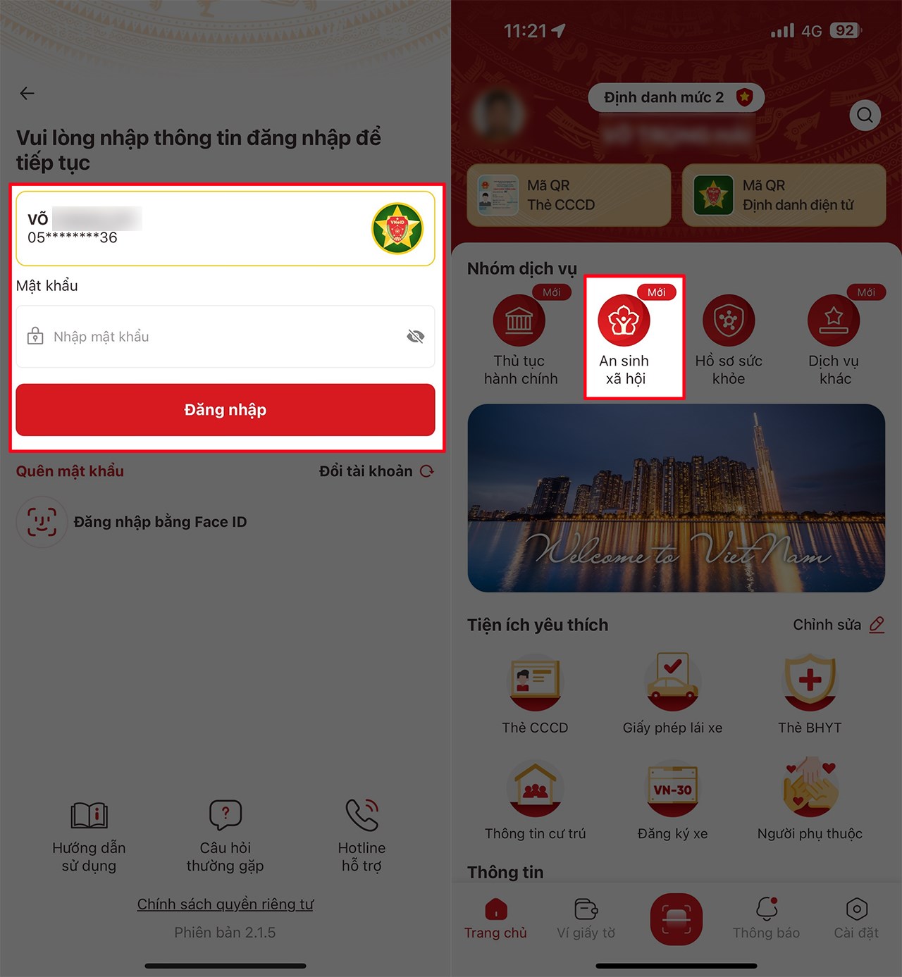 Chọn mục An sinh xã hội trên VNeID
