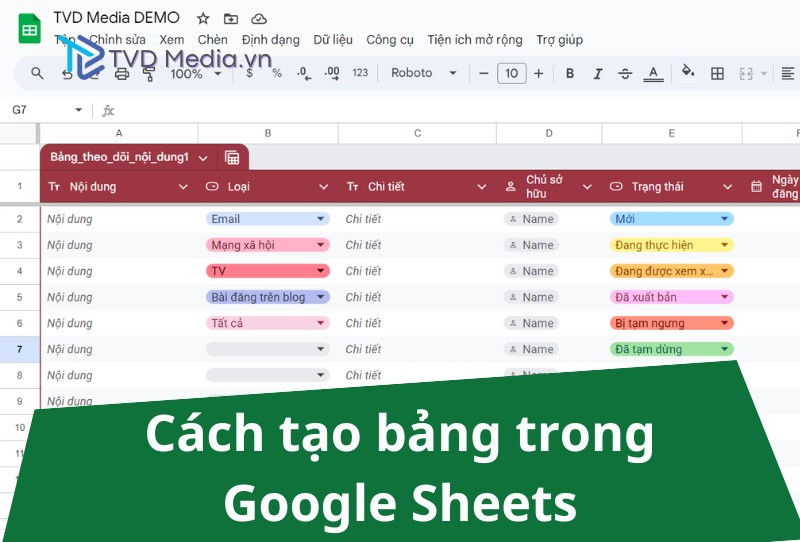 Cách tạo bảng trong Google Sheets